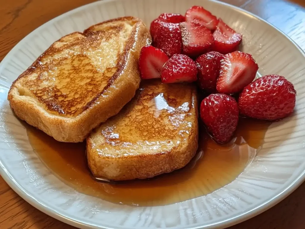 Golden sourdough French toast topped with syrup, berries, and whipped cream on a wooden plate.