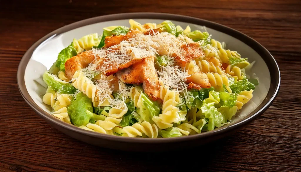 Fresh Caesar pasta salad with pasta, romaine lettuce, grilled chicken, and parmesan served in a bowl