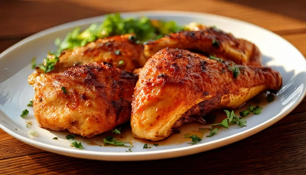 Grilled naturally marinated chicken on a white plate.