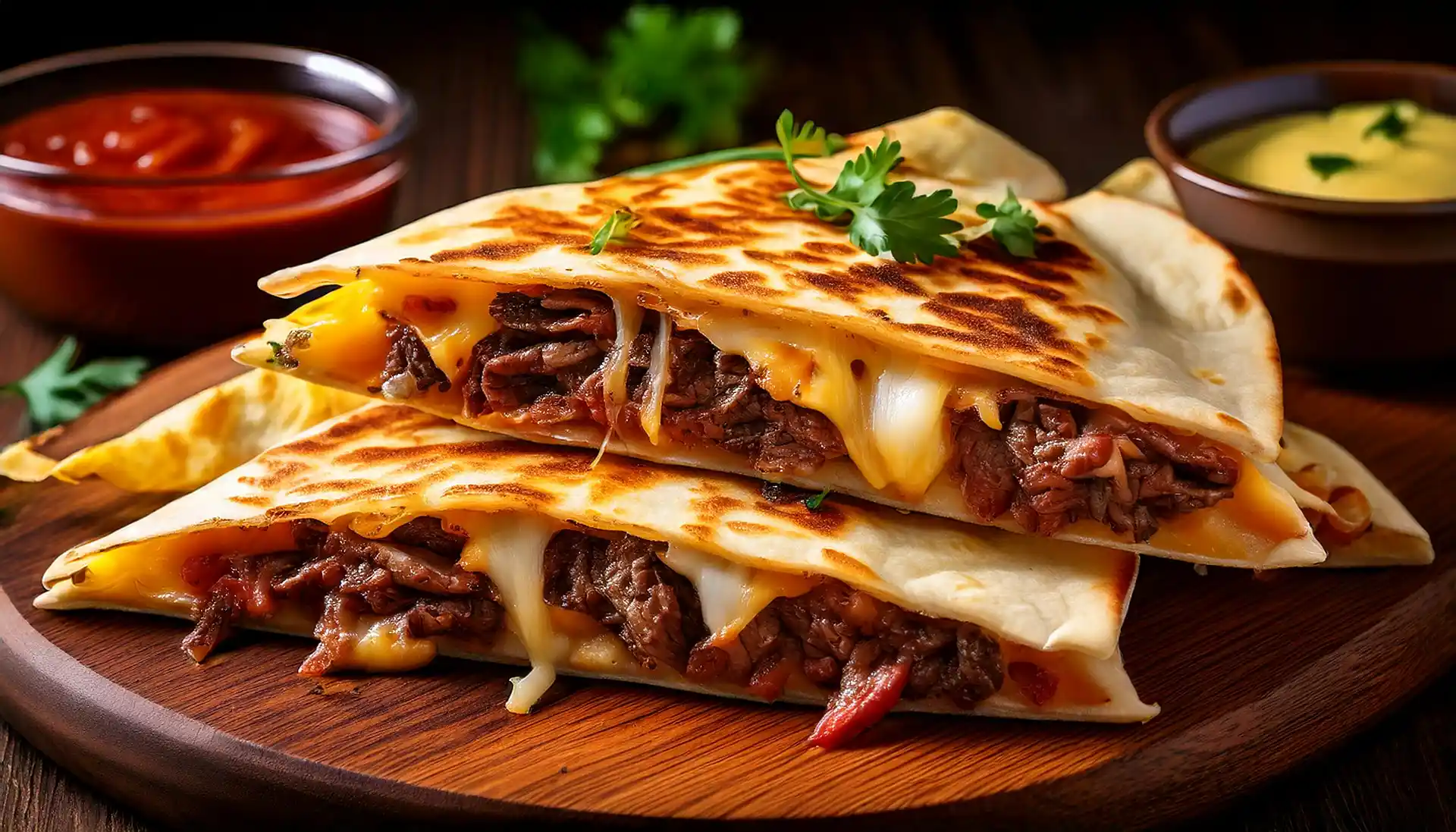 Freshly cooked steak quesadilla with crispy tortillas and melted cheese.