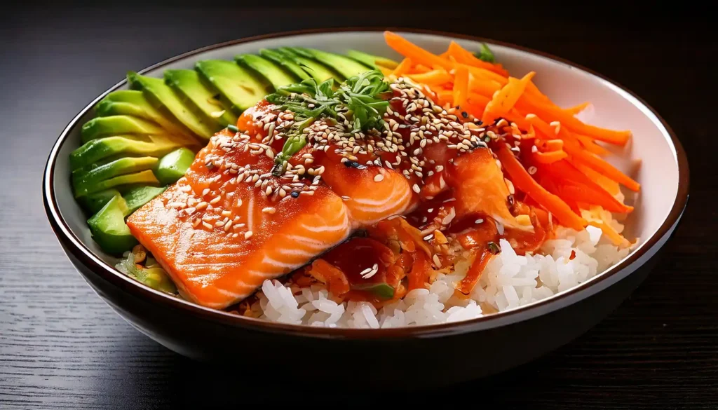 Delicious salmon bowl with grilled salmon, rice, and fresh vegetables.