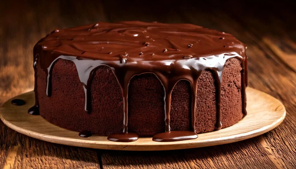 Delicious chocolate mud cake topped with glossy chocolate ganache.