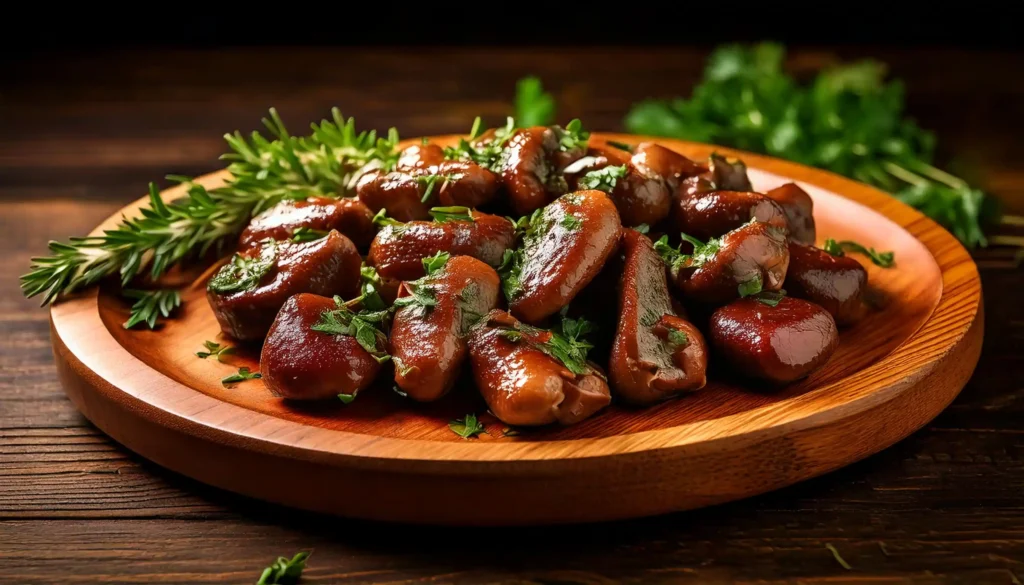 Cooked chicken hearts served with fresh herbs on a wooden plate.