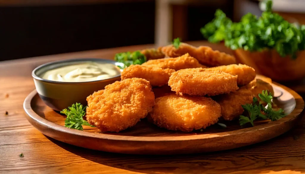 Crispy keto chicken nuggets served with dipping sauce on a rustic wooden plate.