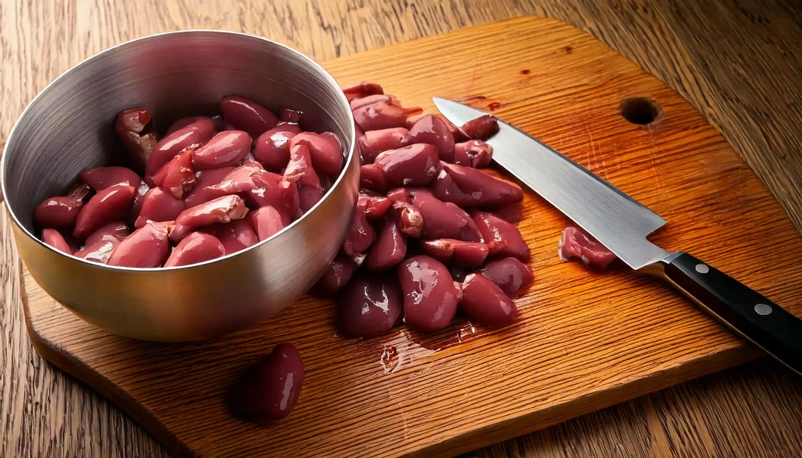 Freshly cleaned chicken hearts on a cutting board with a knife.