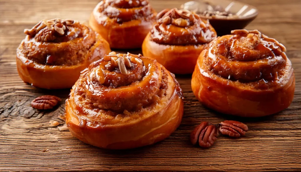 Freshly baked pecan rolls topped with caramel glaze and chopped pecans on a rustic table.