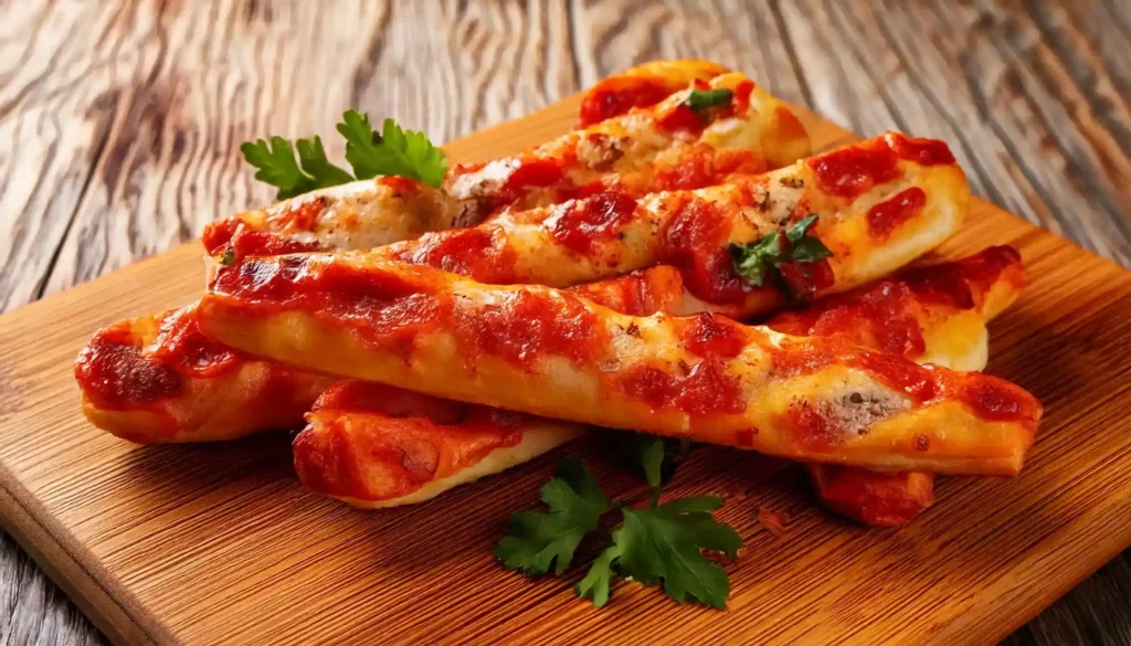 Freshly baked pizza sticks with melted cheese and pepperoni served on a wooden cutting board.