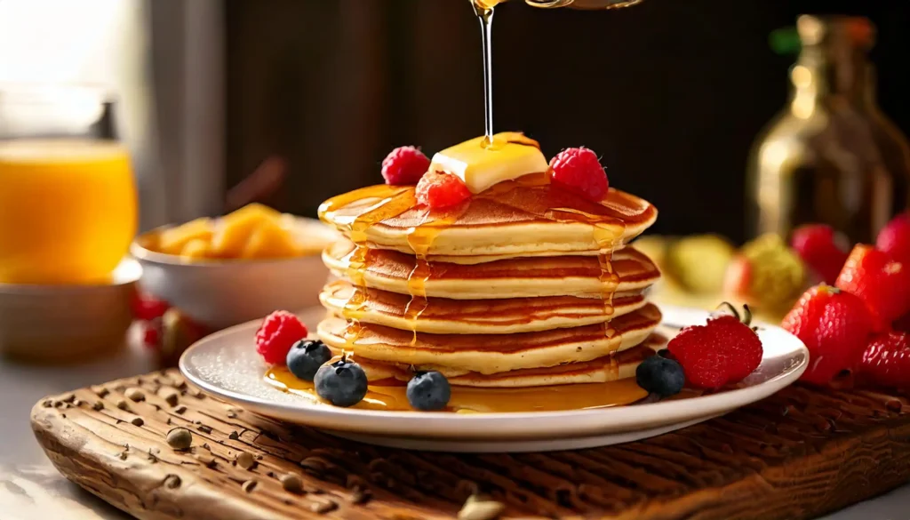 Stack of fluffy pancakes topped with fresh berries and maple syrup.