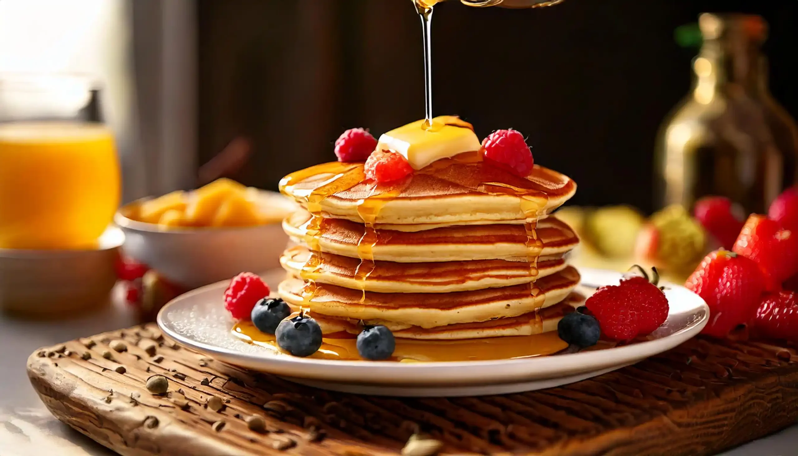 Stack of fluffy pancakes topped with fresh berries and maple syrup.