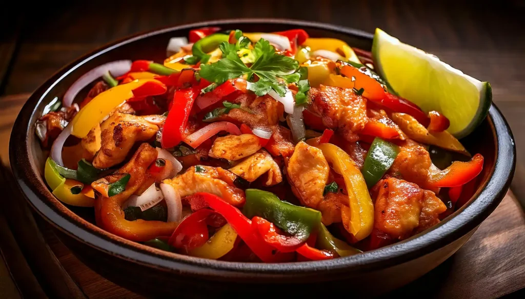 Juicy grilled chicken fajitas with bell peppers, onions, and lime wedges on a rustic table.