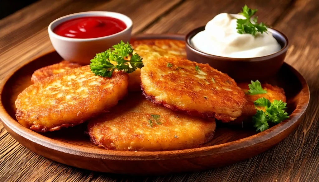 Crispy golden hashbrown patties served with ketchup and sour cream