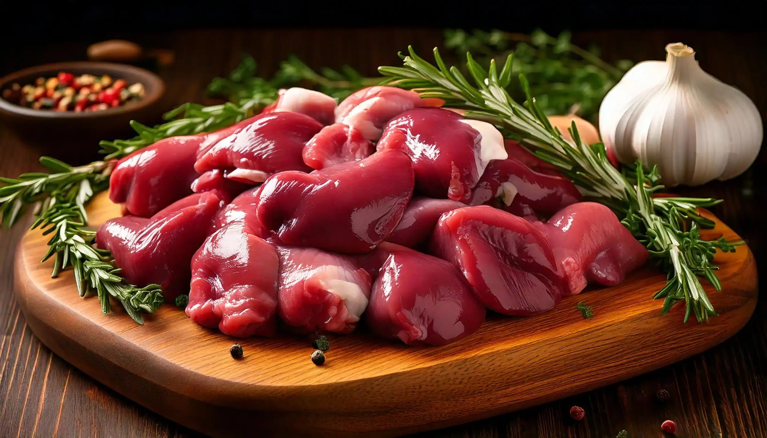 Raw chicken hearts and gizzards on a cutting board with fresh herbs.