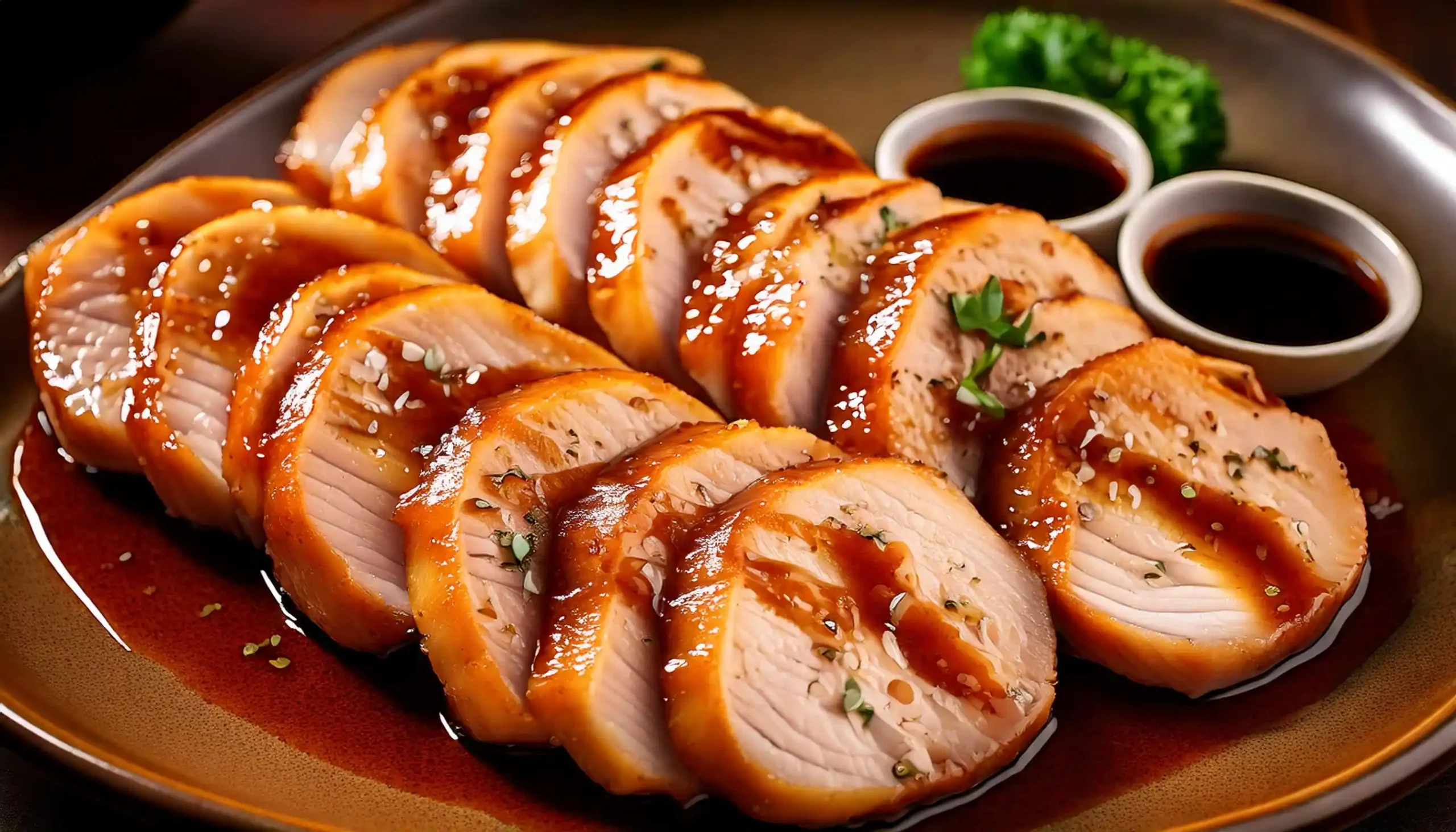 Thinly sliced chicken chashu glazed with soy marinade on a ceramic plate.