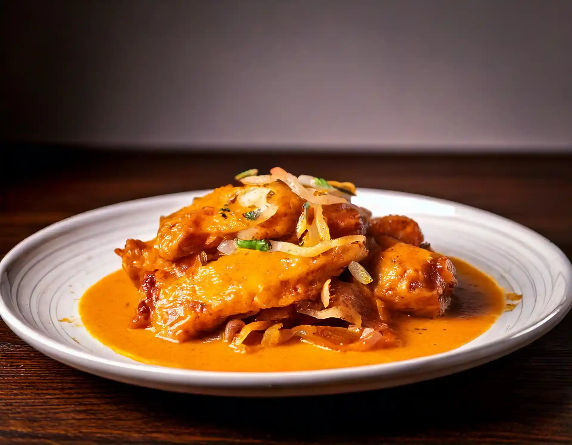 Zoomed-in image of Churu Chicken Amarillo on a white plate, sitting on a textured wooden surface.