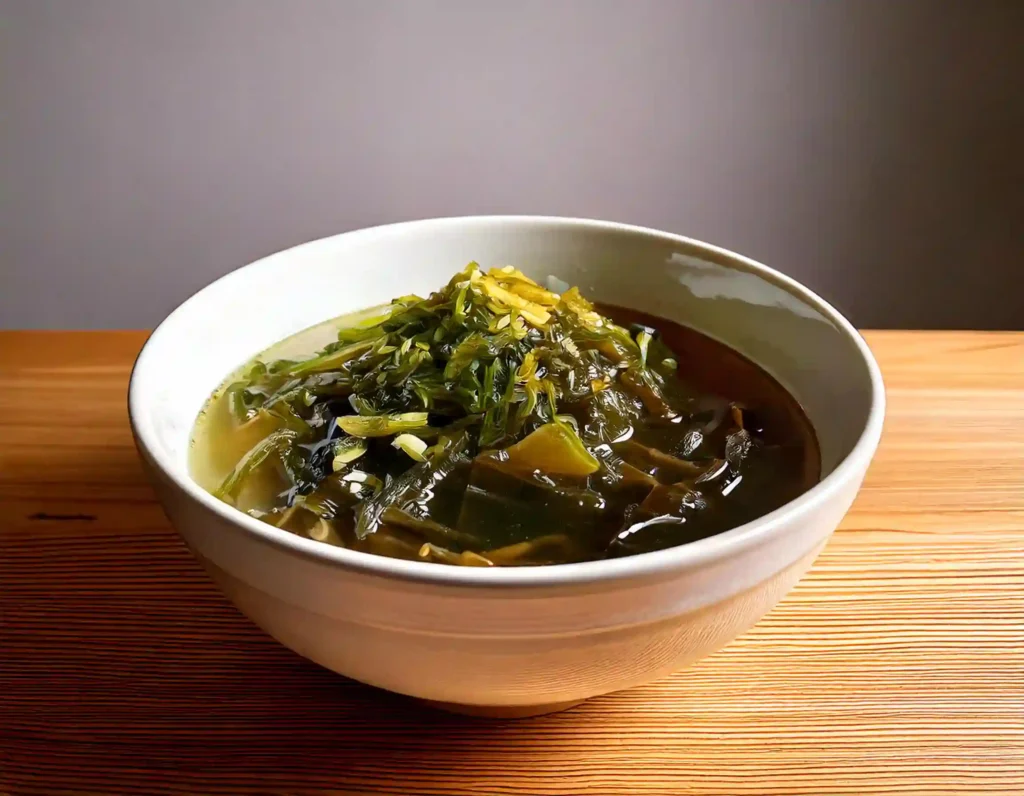 Close-up photo of Miyeokguk (Korean seaweed soup) in a bowl on a light wooden table.