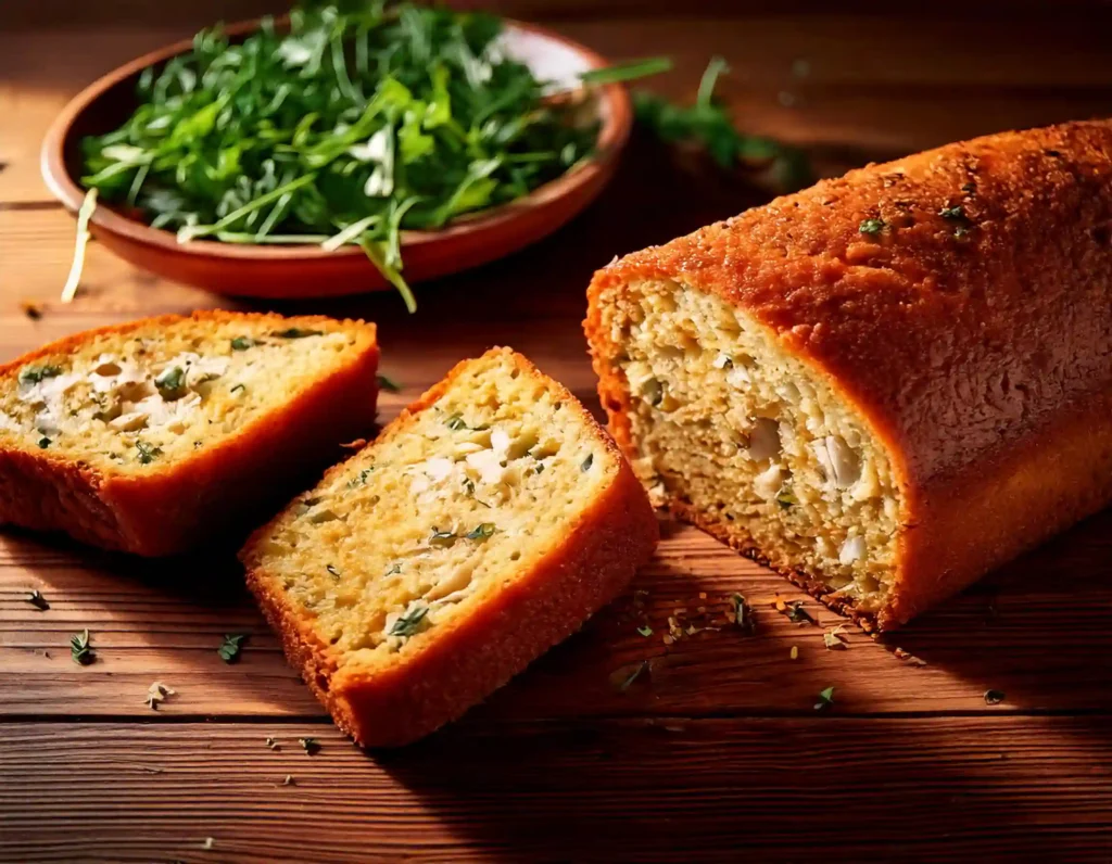 Detailed view of a fish loaf on a wooden surface showing its texture and natural light.