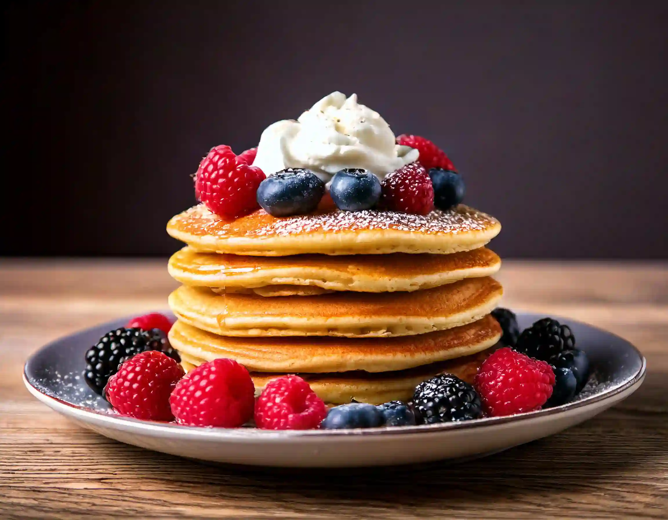 Close-up photo of pancakes topped with mixed berries, whipped cream, and maple syrup.