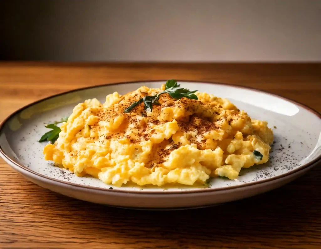 Close-up photo of scrambled cottage cheese eggs on a white plate, garnished with herbs and pepper.