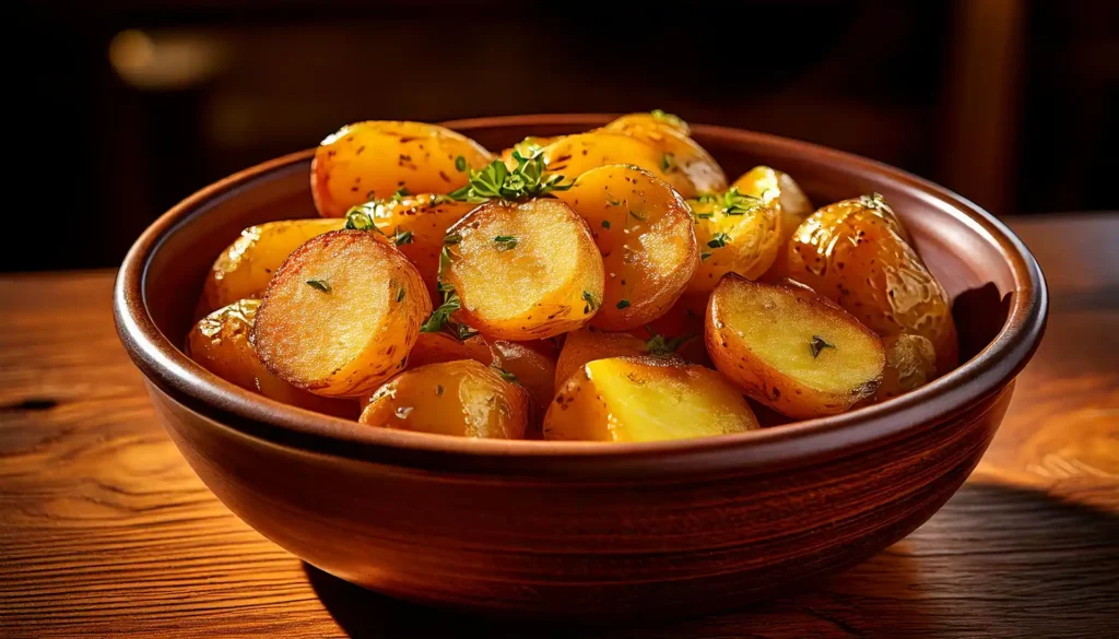 Skillet of country potatoes cooking on stovetop.