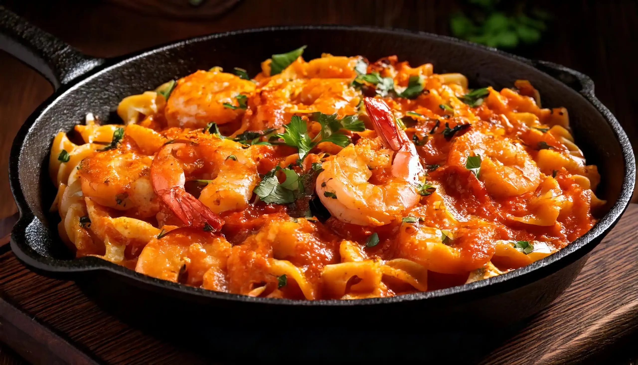 A plate of creamy Cajun shrimp pasta topped with fresh parsley and grated Parmesan cheese.