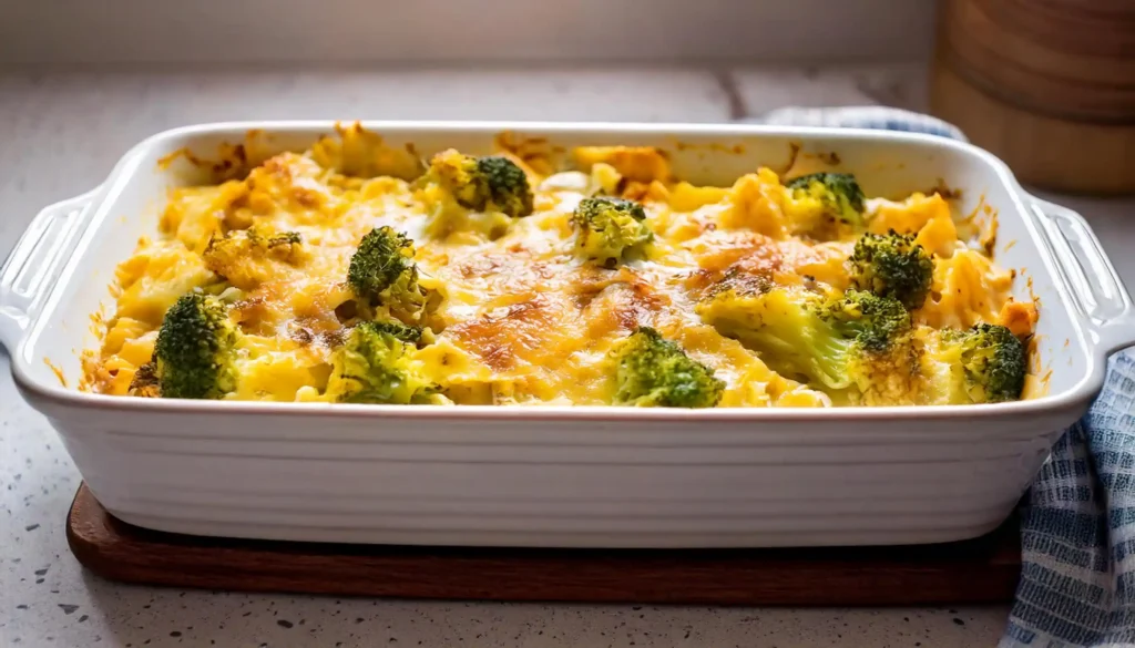 A golden, creamy chicken broccoli alfredo bake in a white casserole dish.