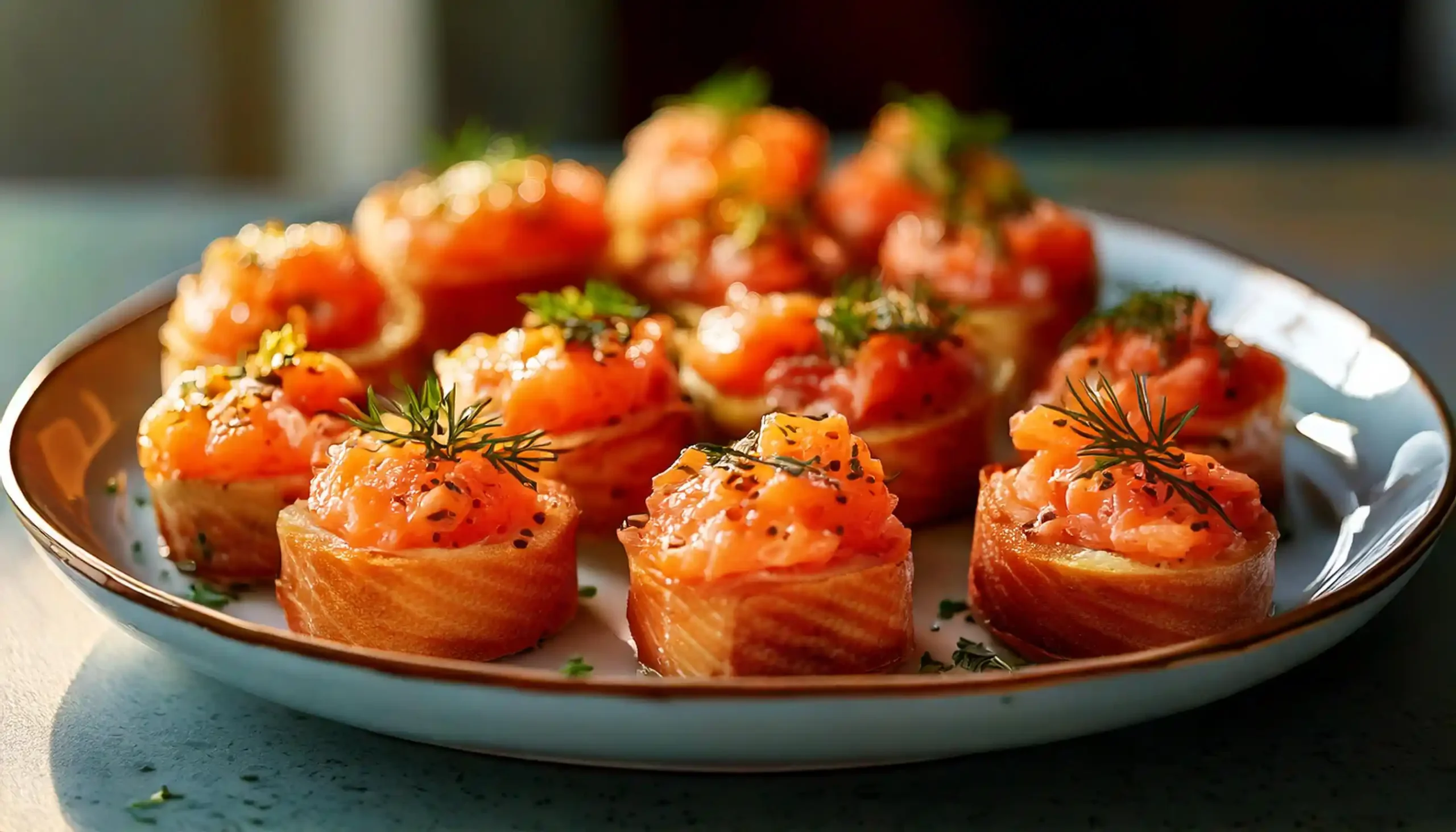 A close up shot of a delicious Salmon poke bowl with several colorful ingredients.