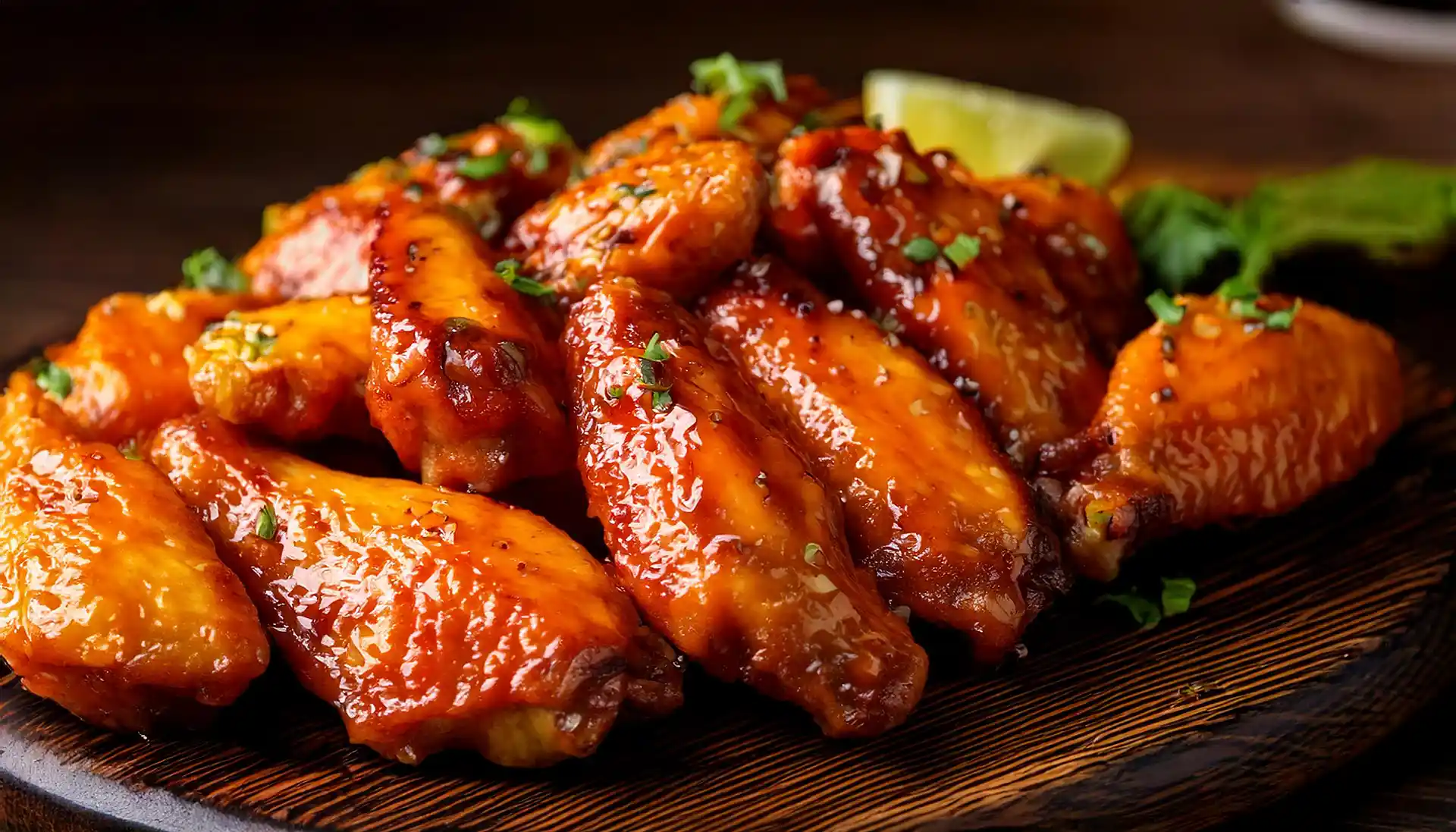 Close-up of mango habanero wings with glossy glaze on a dark platter