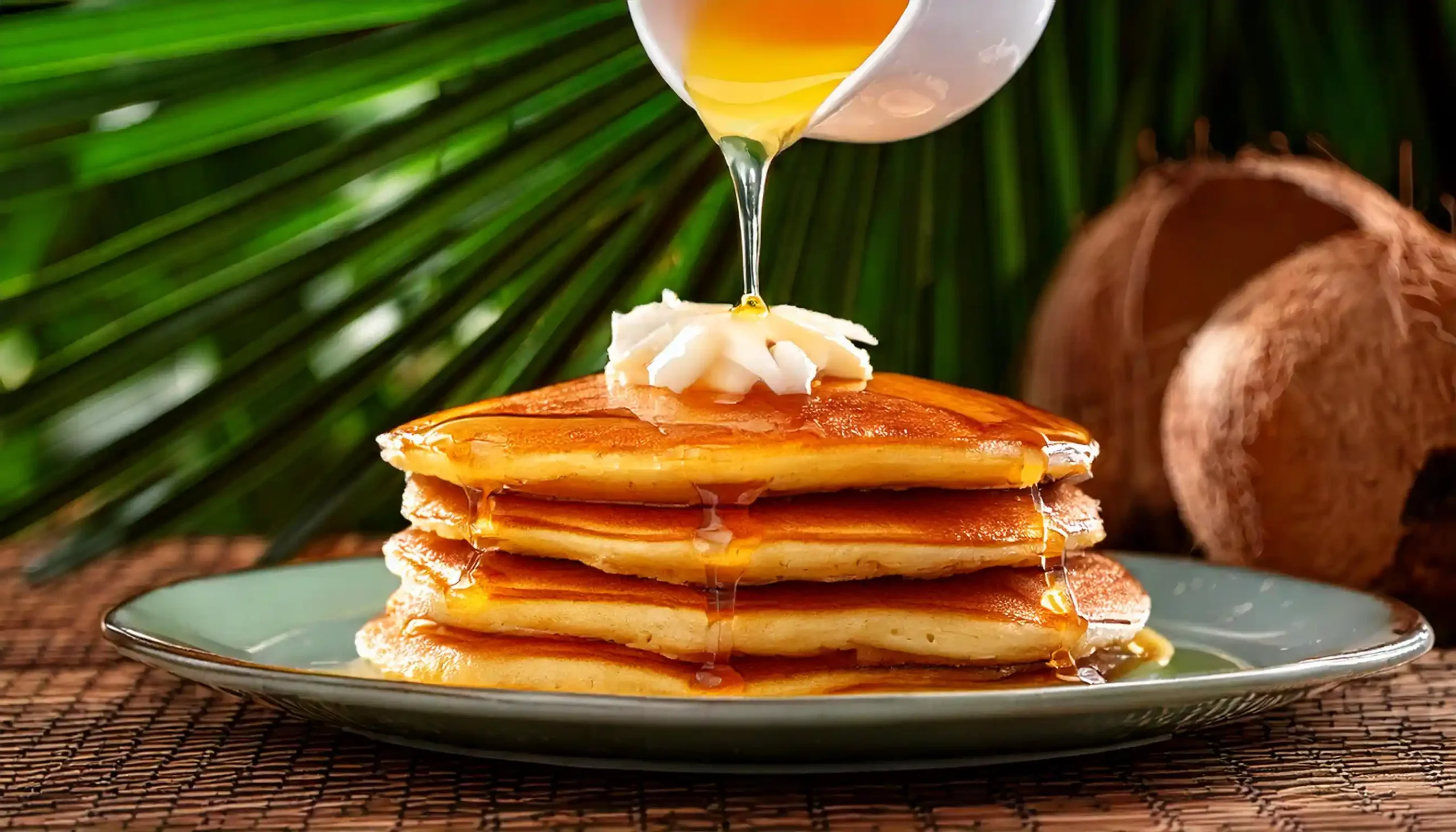 Homemade coconut syrup poured over pancakes with a tropical background