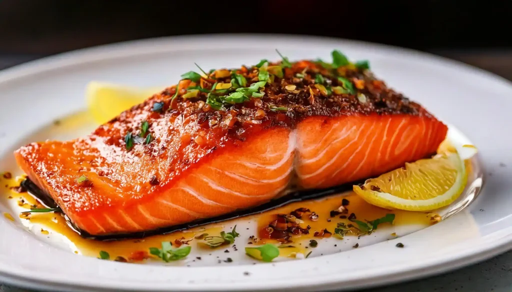 Perfectly seared New Orleans salmon fillet on a white plate.