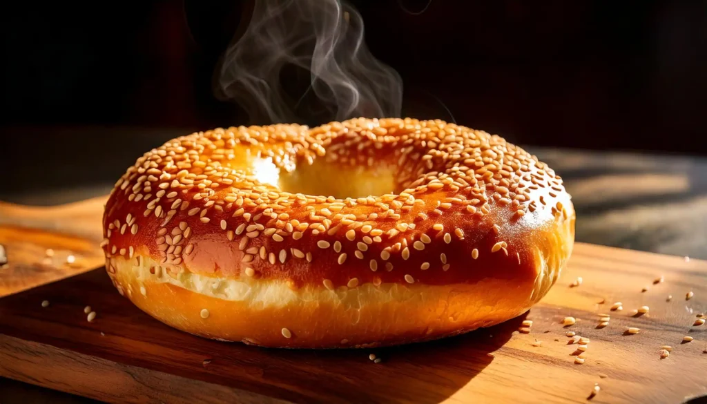 Freshly baked egg bagel with sesame seeds on a wooden cutting board