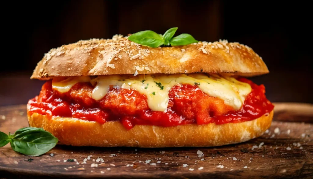 Chicken Parm Sandwich with Crispy Chicken, Mozzarella, and Marinara Sauce