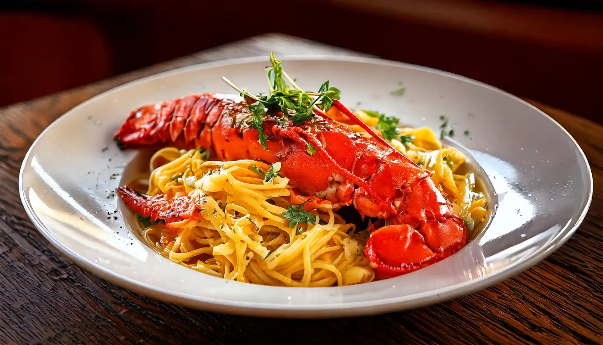 A mouthwatering plate of lobster pasta with creamy sauce and fresh herbs.