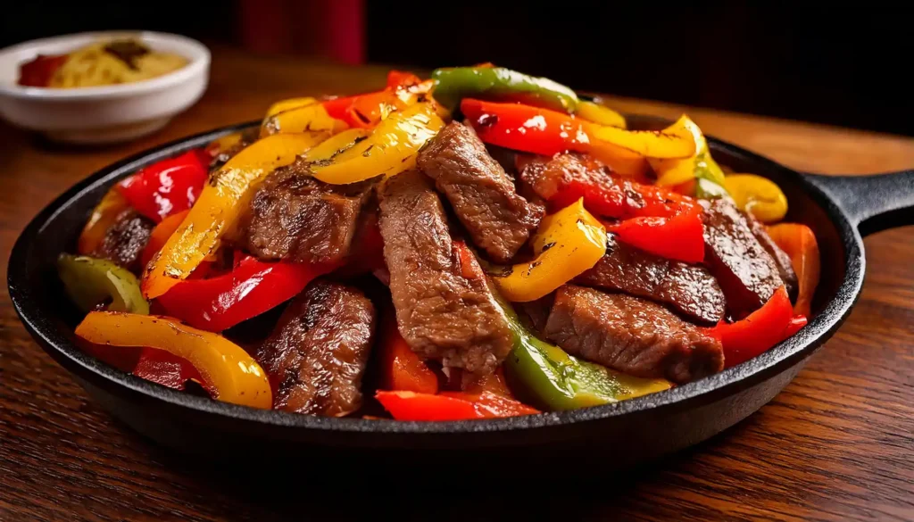 Perfectly marinated grilled beef fajitas with peppers.