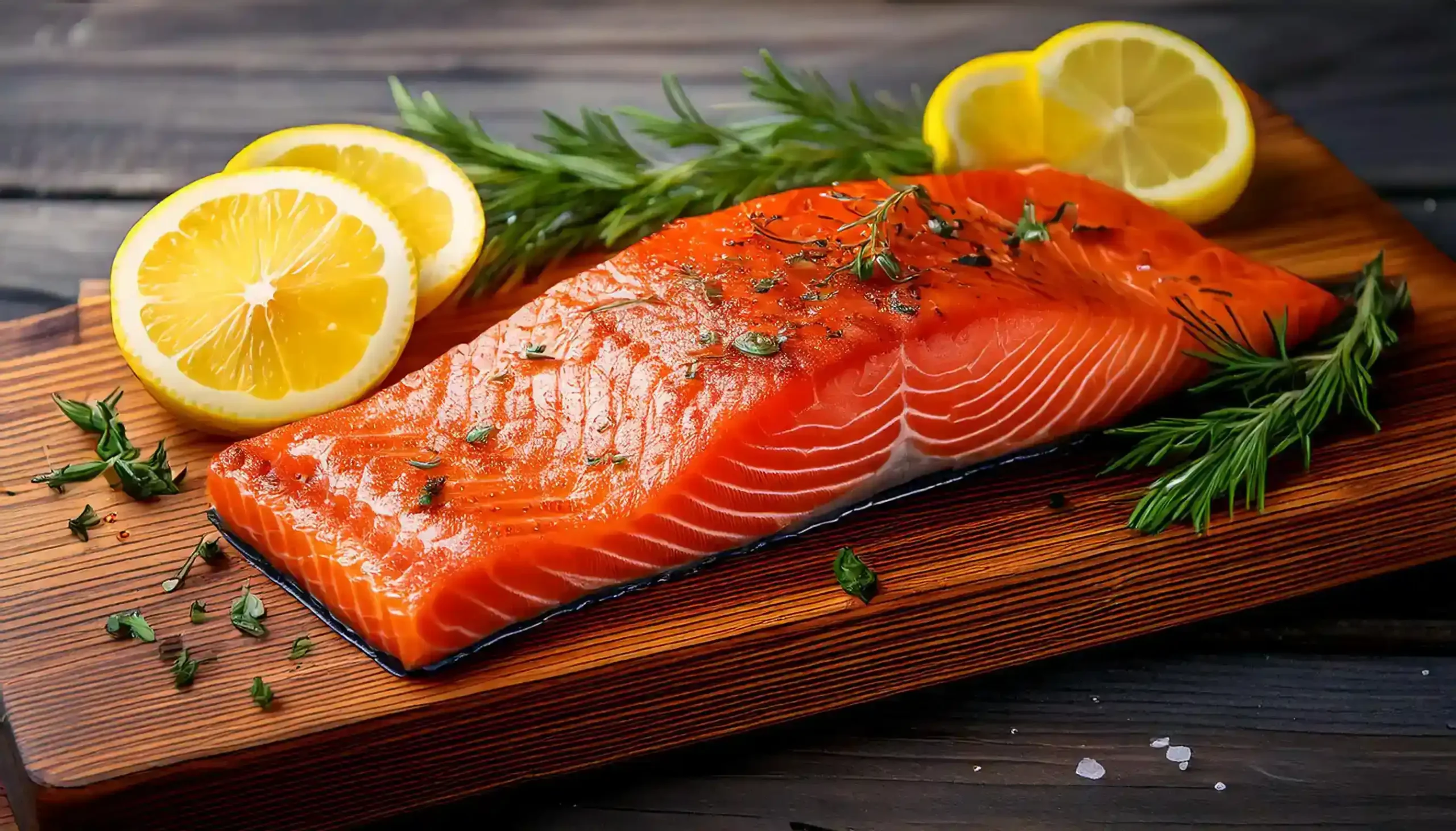 Close-up of cold-smoked and hot-smoked salmon side by side on a wooden cutting board.