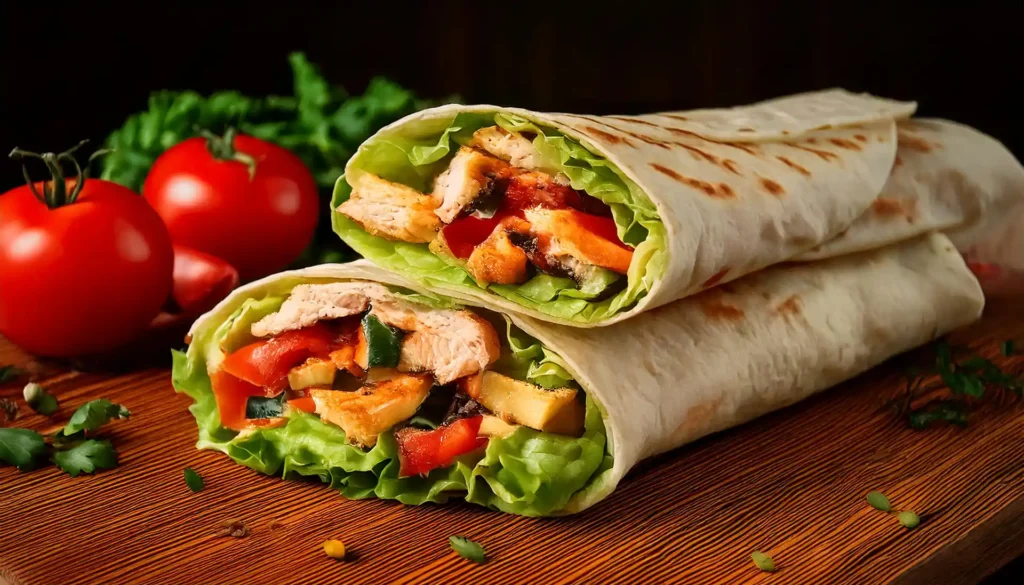 A delicious grilled chicken wrap filled with fresh vegetables and tender chicken.