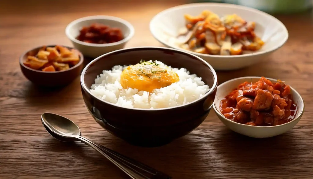 Close-up of a typical Korean breakfast with rice, kimchi, and Gyeran Mari.