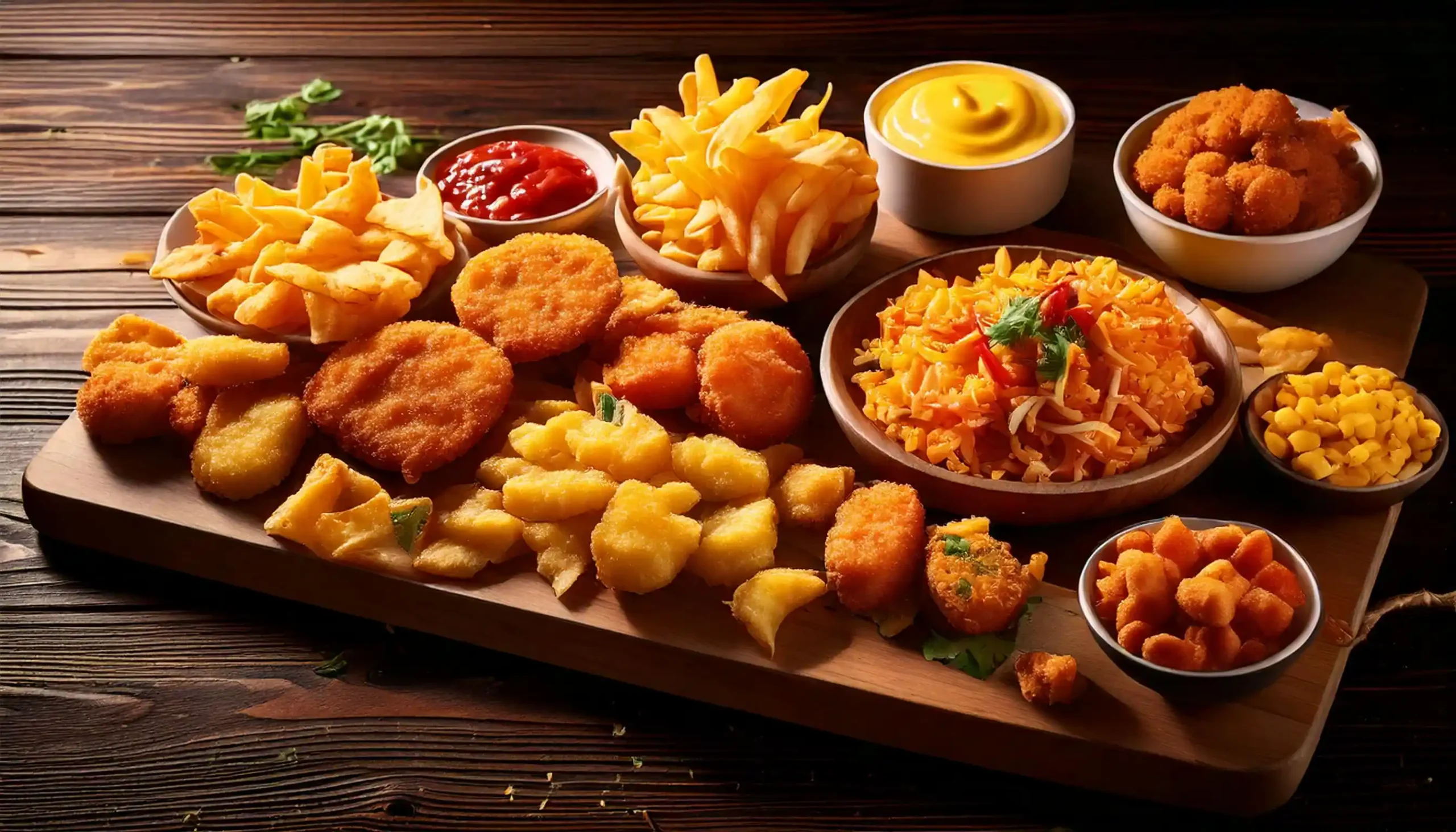 A selection of popular cheesy snacks including mozzarella sticks, mac and cheese bites, jalapeño poppers, and fried cheese curds arranged on a wooden table