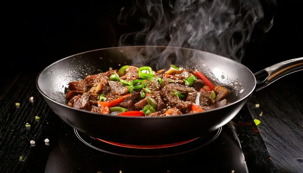 A plate of savory beef with garlic sauce garnished with green onions