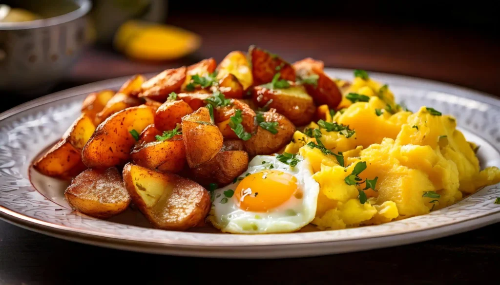 Plate of country potatoes next to scrambled eggs.