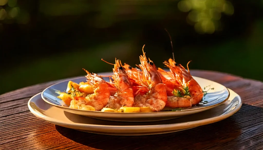 Crab stuffed shrimp plated outdoors with warm lighting