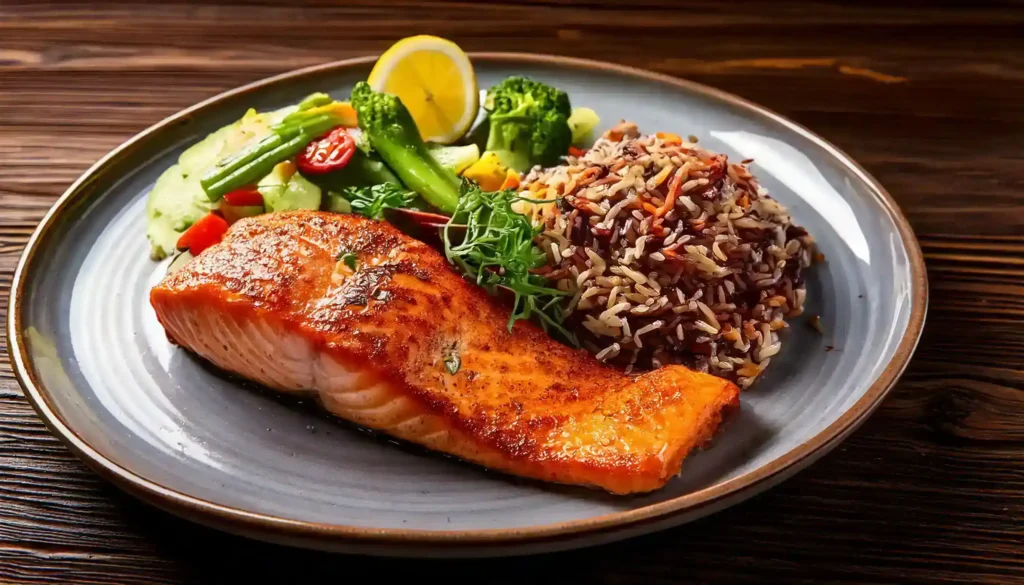 Grilled salmon fillet with a flavorful salmon rub, garnished with herbs and lemon slices.