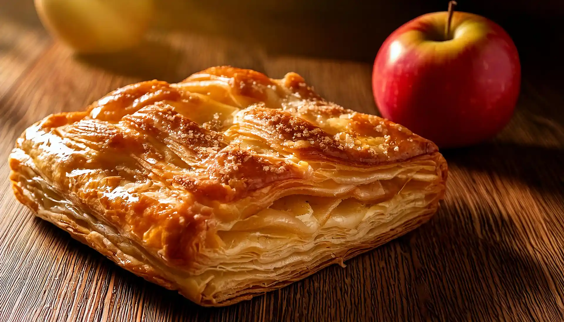 Freshly baked apple puff pastry on a wooden table, featuring a golden, flaky crust and warm, spiced apple filling.