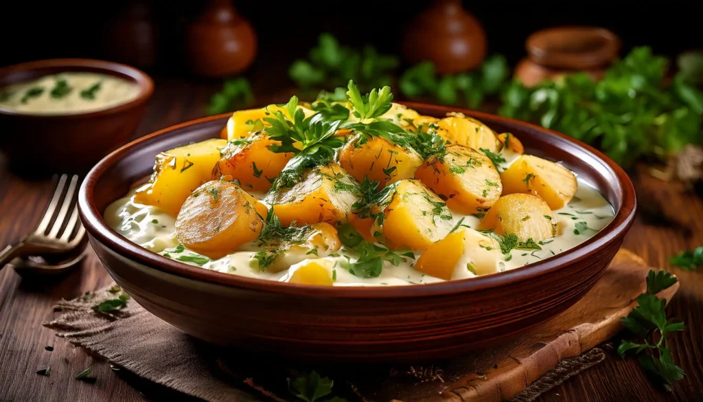 Delicious homemade stewed potatoes served in a rustic bowl with fresh herbs on top.