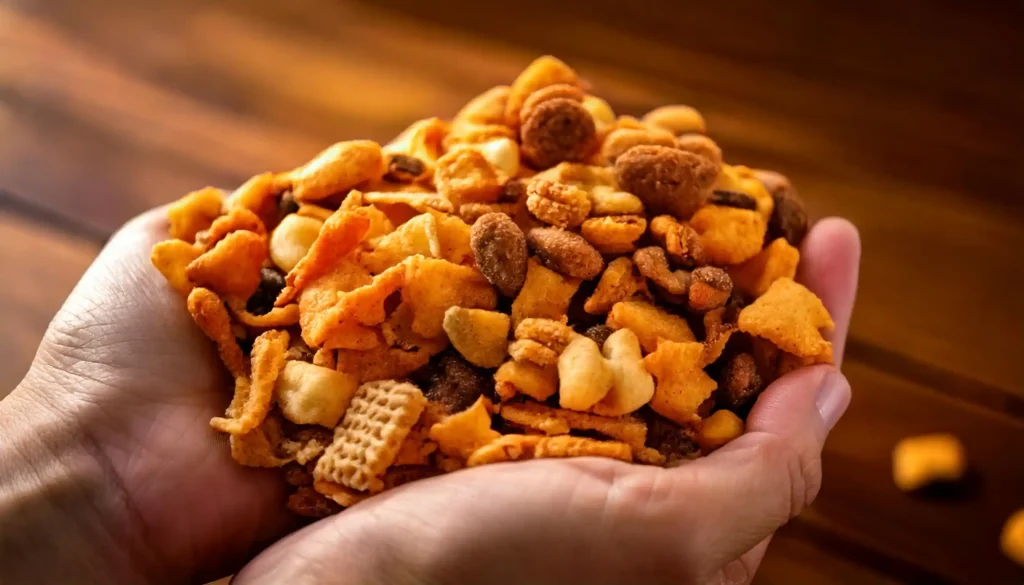 Hand holding a portion of freshly made mix, showcasing its crispy texture.