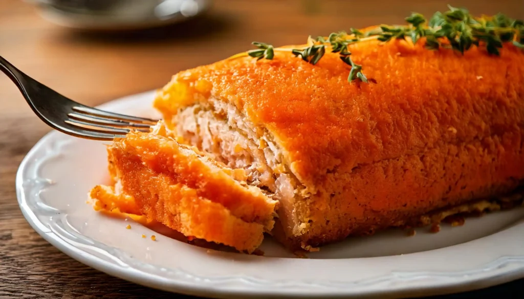 Slice of tuna loaf with a bowl of mayonnaise.