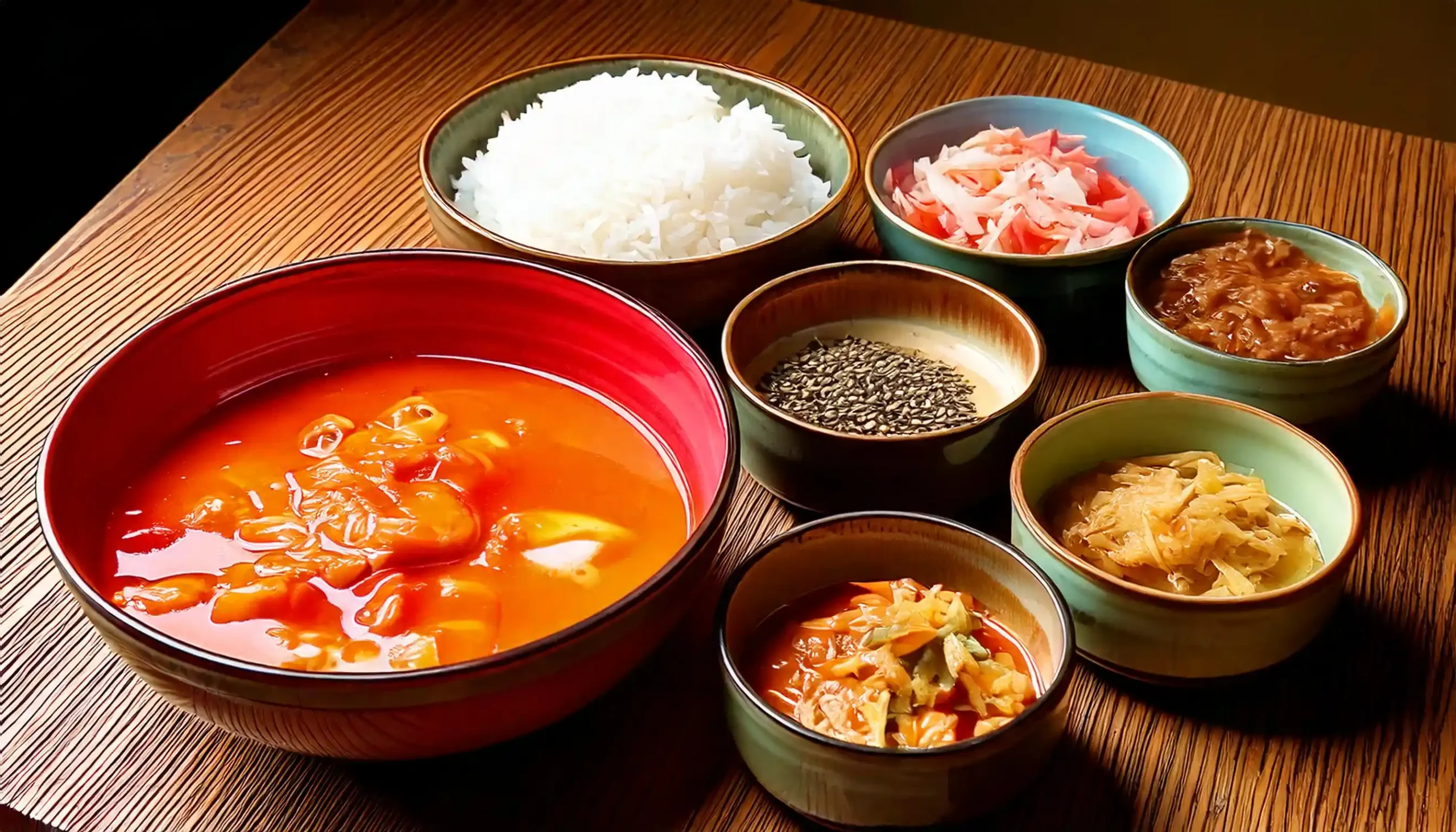 A traditional Korean breakfast spread with rice, kimchi, soup, and banchan dishes.