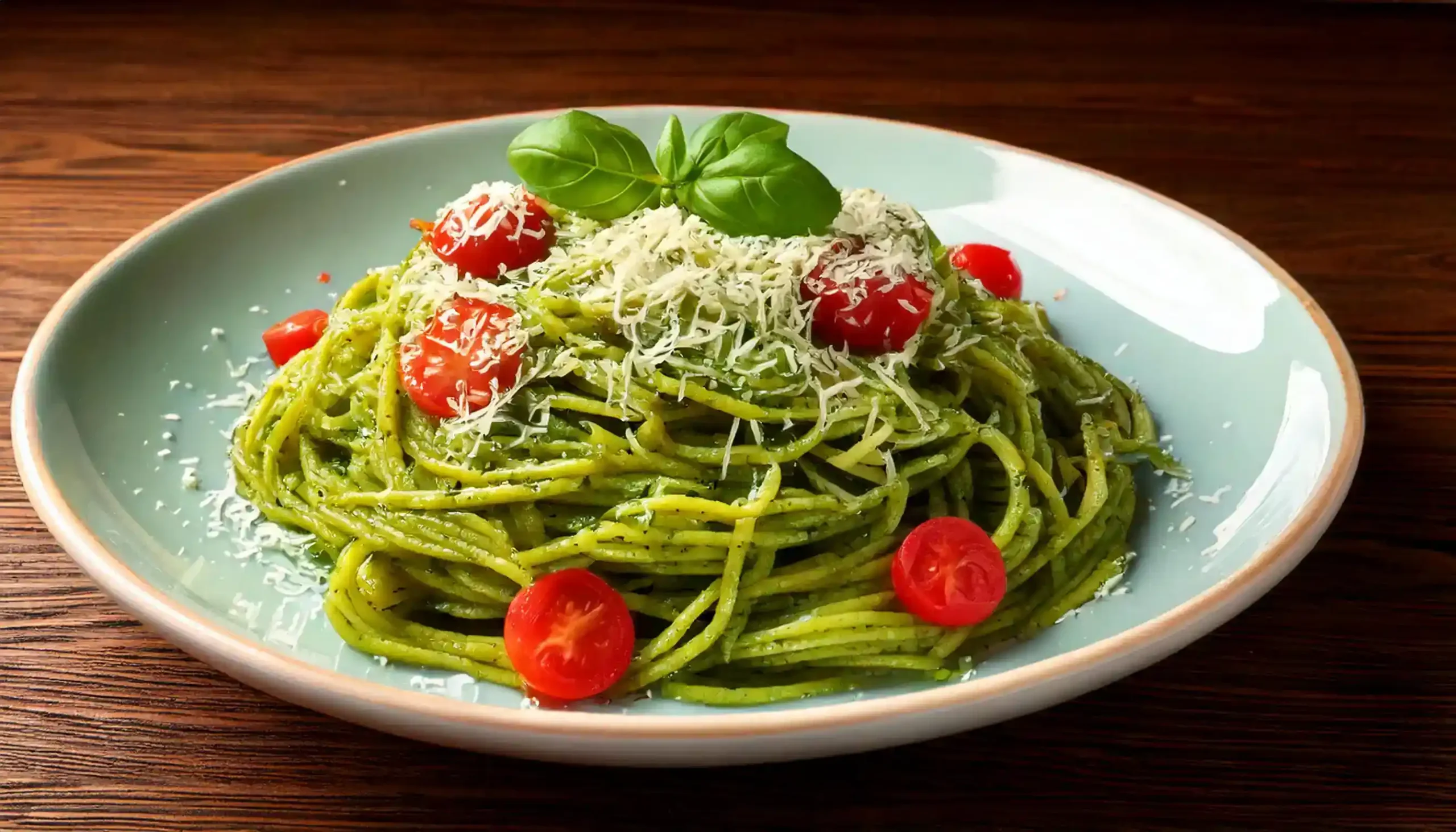 A vibrant plate of green spaghetti topped with fresh basil and grated Parmesan, showcasing a creamy sauce and colorful garnishes.