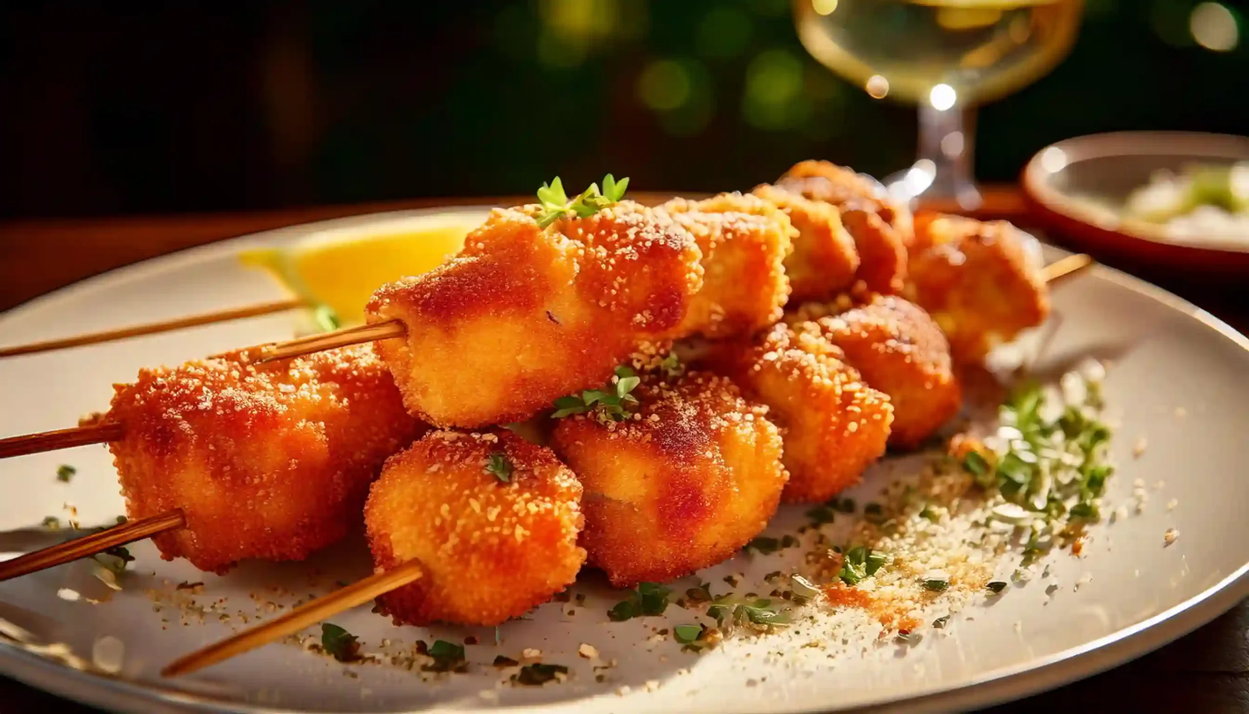 Close-up chicken spiedini on a white plate with fork and wine