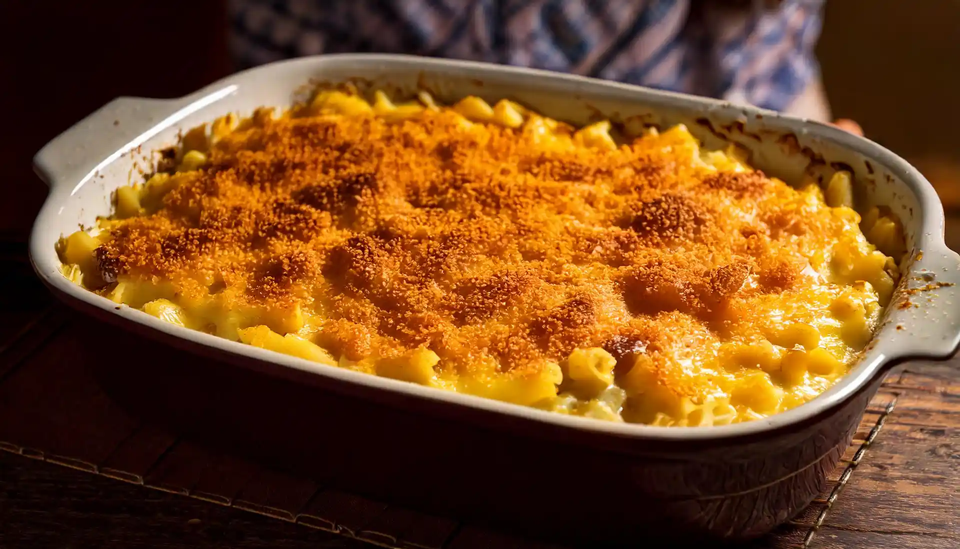 Close-up of old-fashioned baked macaroni and cheese topped with crispy breadcrumbs