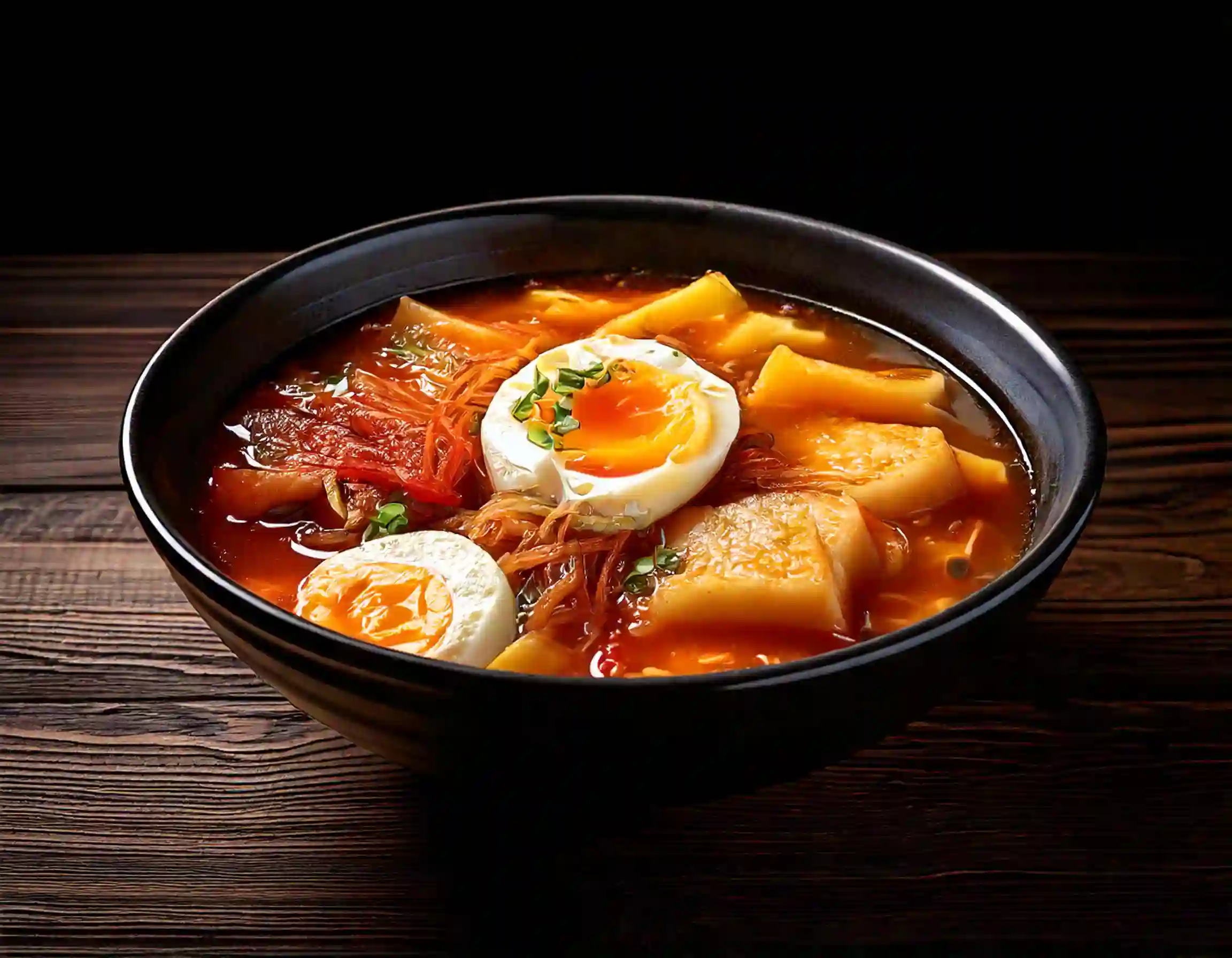 Zoomed-in image of Tteokguk (Korean rice cake soup) in a black bowl on a wooden surface.